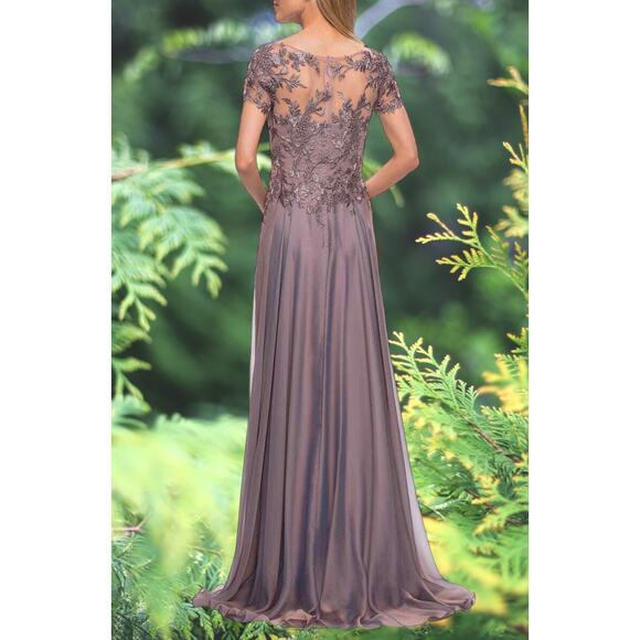 NWT La Femme Floral Embroidery Chiffon Gown Dark Mauve 8 MSRP $460 - Picture 2 of 5